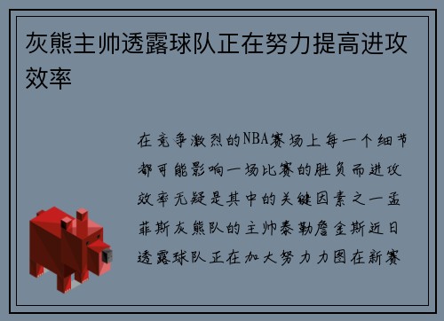 灰熊主帅透露球队正在努力提高进攻效率
